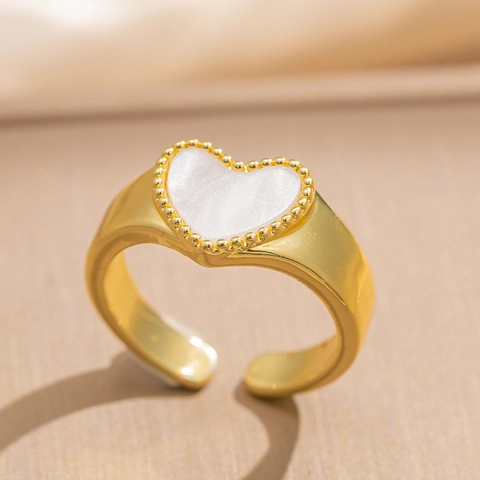 Heart Shaped Shell Adjustable Open Ring Brass 18K Gold Plated Beaded Edge Minimalist Fashion Jewelry For Women