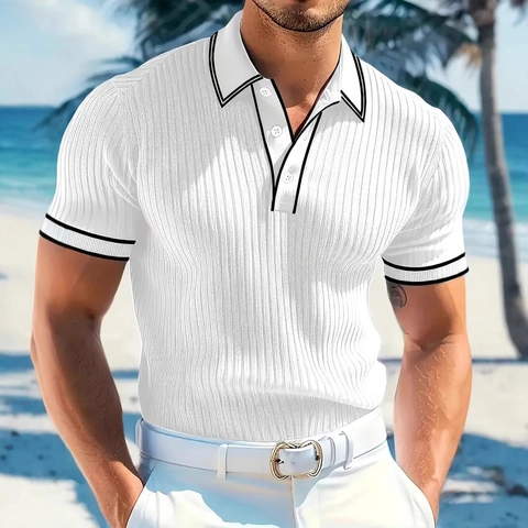 Polo Uomo Manica Corta Maglia A Costine Verticali Righe A Contrasto Risvolto Casual Spiaggia Vacanza Stile Business