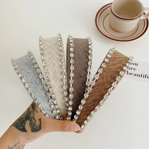 Elegant Wide Headband With Double Row Rhinestones Fabric Non-Slip Hair Hoop Solid Color Vintage Styling Accessory For Women