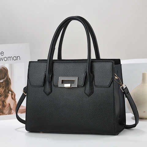 Women PU Leather Litchi Grain Handbag Large Capacity Shoulder Bag With Detachable Strap Simple Urban Style Top Handle