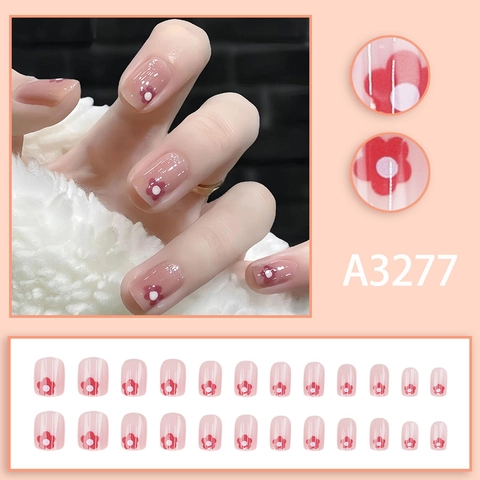 Short Square Press On Nails Pink Translucent Glossy Resin Fake Nails With Red Flower Pattern For Girls Women