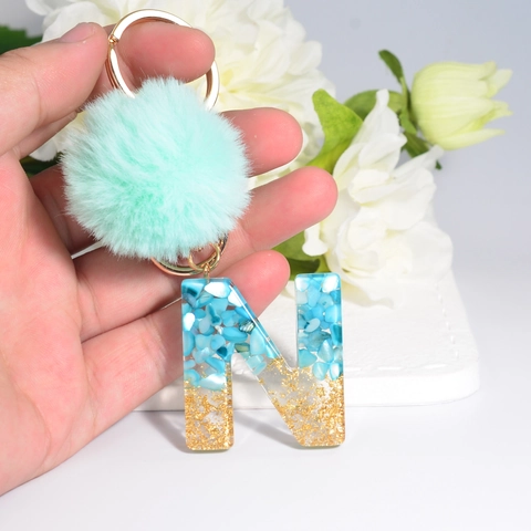 Alphabet Harz Schlüsselanhänger Mit Minzgrün Pompon Goldfolie Blau Stein Inlay Tasche Charme Auto Schlüsselring Damen Schmuck