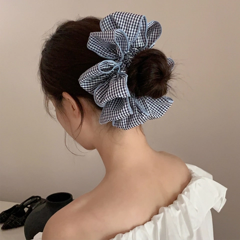 Chouchou Géant En Tissu Gingham À Bords À Volants Élastique Accessoire Cheveux Style Coréen Pour Femmes Mode