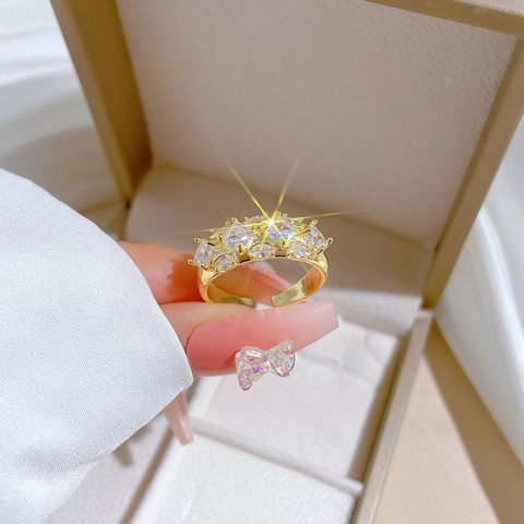 Adjustable Open Ring Gold Plated Brass Cubic Zirconia Square Marquise Cut Pave Wedding Finger Jewelry For Women