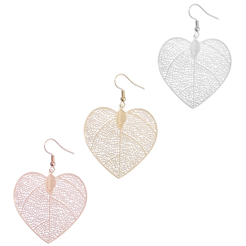 Vintage Copper Filigree Heart Leaf Vein Drop Earrings For Women Electroplated Gold Silver Rose Gold Jewelry Accessory