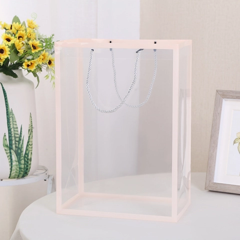 Transparent Window Flower Gift Bag Clear PP Plastic Handbag With Colored Frame And Rope Handles For Florist Souvenirs