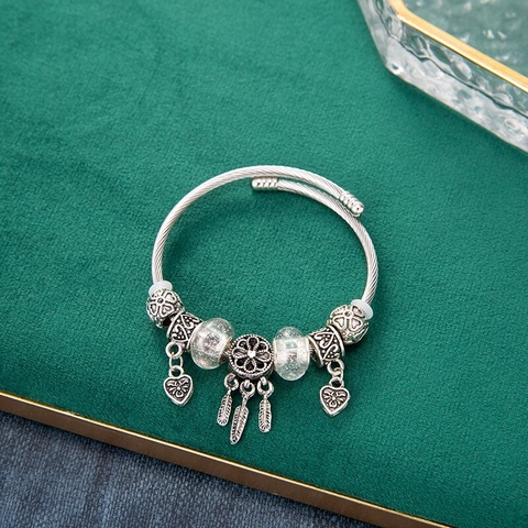 Adjustable Opening Cable Wire Bracelet Dream Catcher Feather Heart Charms Stainless Steel Alloy Crystal Beads Jewelry