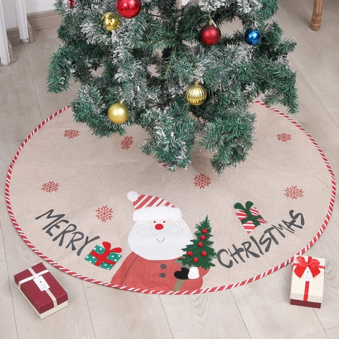 Christmas Tree Skirt Faux Burlap Embroidered Santa Claus Snowman Applique Striped Edge Merry Christmas Holiday Decoration