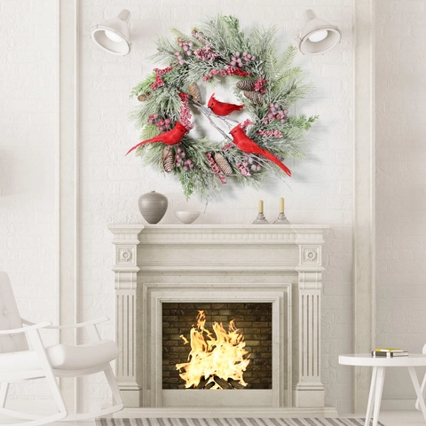 Ghirlanda Di Natale Con Uccelli Cardinali Rossi Aghi Di Pino Floccati Pigne Naturali Bacche Arredo Porta
