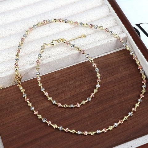 Fashion Tri-Color Copper Faceted Beaded Necklace Bracelet Set For Women Men Geometric Adjustable Gold Silver Rose Gold Jewelry
