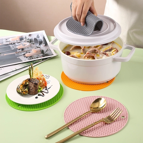Round Silicone Heat Insulation Pad Honeycomb Non-Slip Trivet Mat For Kitchen Pot Bowl Dish Dining Table Hanging Design