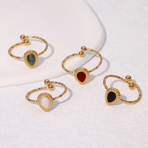 Vintage Wassertropfen Edelstahl Offener Ring Für Damen Vergoldet Gehämmerte Textur Eingelegter Strass Verstellbarer Schmuck Fingerring