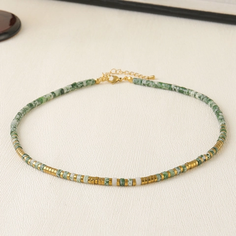 Ethno-Stil Naturstein Perlen Choker Handgefertigte Dunkelgrüne Bambusknoten Halskette Für Damen Minimalistischer Modeschmuck