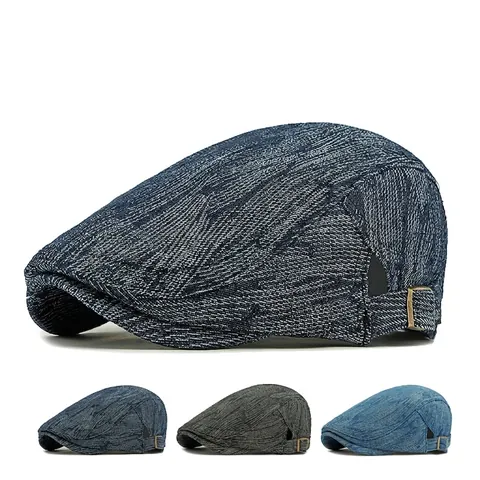 Vintage Denim Cotton Jacquard Newsboy Cap Flat Beret Adjustable Metal Buckle Retro British Style For Men Women Unisex
