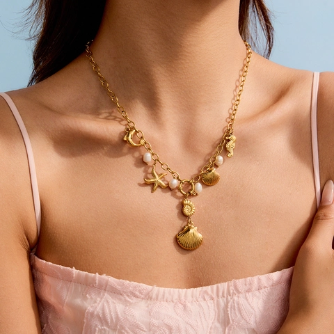 Collana Animali Marini Acciaio Inossidabile Placcato Oro 18K Perla Artificial Conchiglia Stella Marina Cavalluccio Marino Tartaruga Delfino