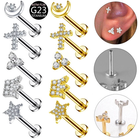 G23 Titanium Labret Lip Stud Internally Threaded Flat Back Zircon Star Moon Cross Crown Body Piercing Jewelry Earring
