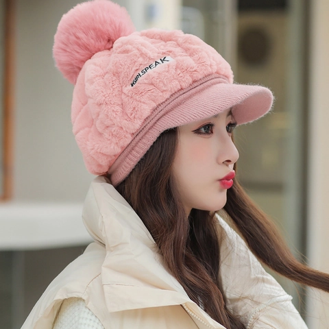 Women Winter Plush Warm Peaked Cap Faux Rabbit Fur Hat With Large Pom Pom Short Brim Ear Protection Fashion Cute