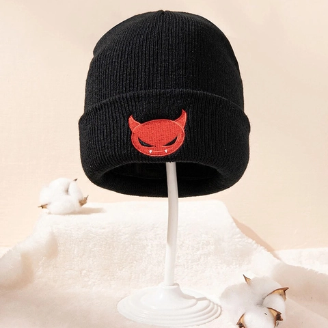Beanie Knit Hat Little Devil Embroidery Acrylic Warm Cuffed Winter Skull Cap For Men Women Unisex Streetwear