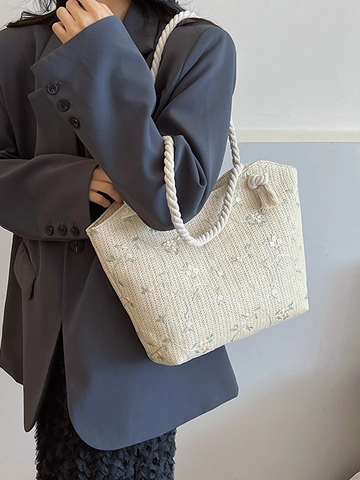 Sac Cabas En Paille Tissé Femmes Broderie Florale Poignée En Corde Épaisse Grande Kapacité Été Plage Style Pastoral