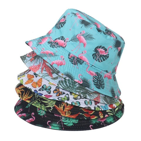 Reversible Bucket Hat Polyester Printed Summer Sun Protection Foldable Beach Travel Vacation Women Headwear