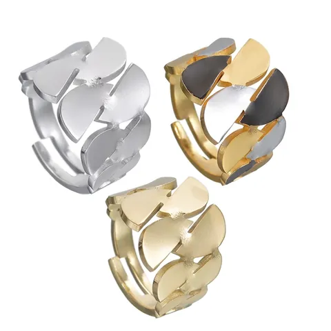 Irregulärer Geometrischer Breiter Ring Vergoldeter Edelstahl Hohles Blattmuster Verstellbares Offenes Band Minimalistische Mode Damen