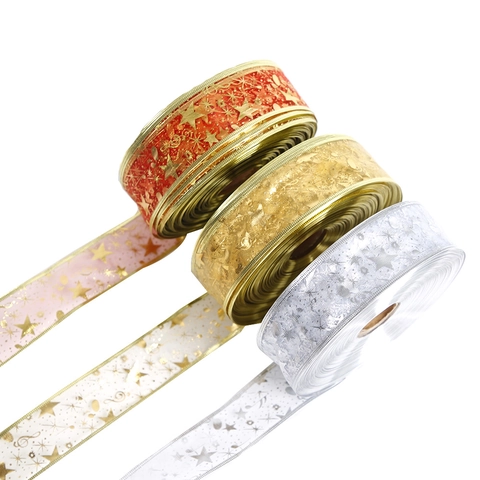 Nastro Dorato Metallico con Stampa a Caldo per Decorazioni Natalizie con Stella e Nota Musicale in Organza Trasparente per Confezioni Regalo Fai da Te