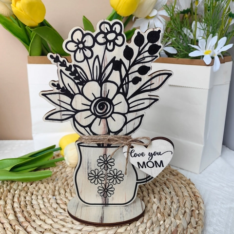 Mother's Day Wooden Flower Ornament Table Desktop Decoration With Heart Tag Laser Cut Bouquet Vase Gift For Mom
