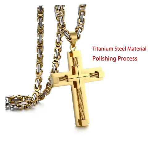 Cross Pendant Necklace Stainless Steel Byzantine Chain Cable Inlay Punk Style Men Jewelry Fashion Accessories