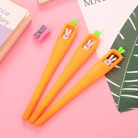 Cute Cartoon Carrot Shape Gel Pen With Rabbit Decoration Plastic School Office Writing Stationery