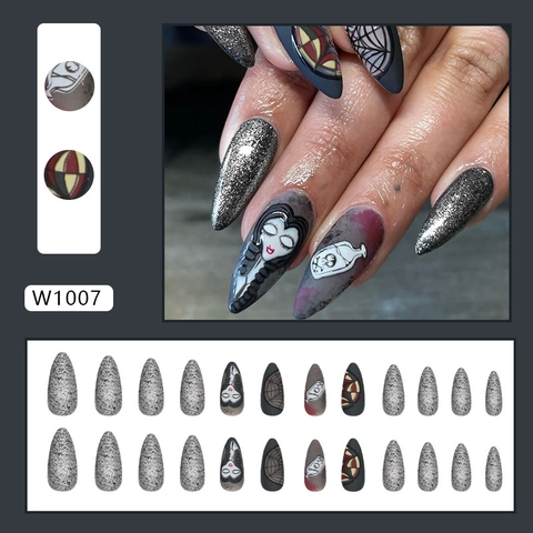 Faux Ongles Gothiques Gris Foncé Mat Paillettes Argentées Toile Araignée Forme Amande Longue Style Halloween