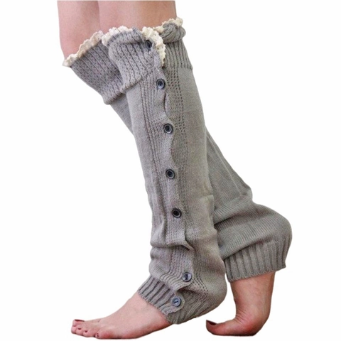 Women Leg Warmers Acrylic Ribbed Knit Long Boot Cuffs With Lace Trim And Buttons JK Style Winter Warm