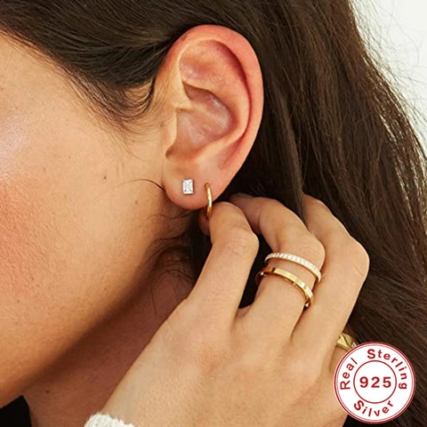 Geometric Square Round Zirconia Stud Earrings With 925 Sterling Silver Earring Post Dainty Sparkling Jewelry For Women
