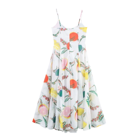Dames Maxi Jurk Fruitprint Spaghettibandjes Polyester Vierkante Hals Hoge Taille Zomervakantie Elegant