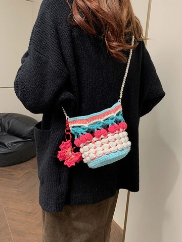 Handmade Crochet Bucket Bag Yarn Knit Cherry Artificial Pearl Strap Contrast Color Crossbody Sweet For Women