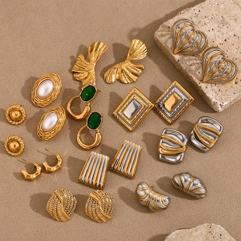Pendientes De Botón Geométricos Irregulares De Acero Inoxidable Para Mujer Chapados En Oro De 18K Diseño Texturizado Vintage