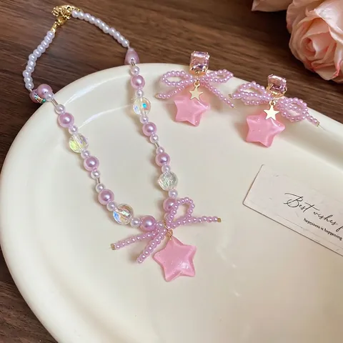 Parure Bijoux Collier Et Boucles Oreilles Künstliche Perles Artificielles Roses Nœud Pendentif Étoile Avec Tige En Argent Style Y2K
