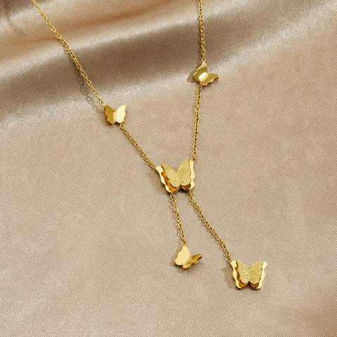 Collier Pendentif Papillon Acier Inoxydable Plaque Or Forme Y Gland Papillons Givrés Bijoux De Mode Élégants Pour Femmes