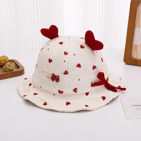 Cappello Pescatore Neonata Velluto Cotone Stampa Cuore Orecchie Carine Fiocco Sottogola Antivento Cappello Sole Infante Morbido