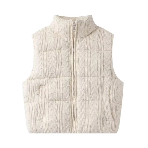 Women Cable Knit Padded Vest Stand Collar Sleeveless Zipper Jacket Warm Solid Color Outerwear