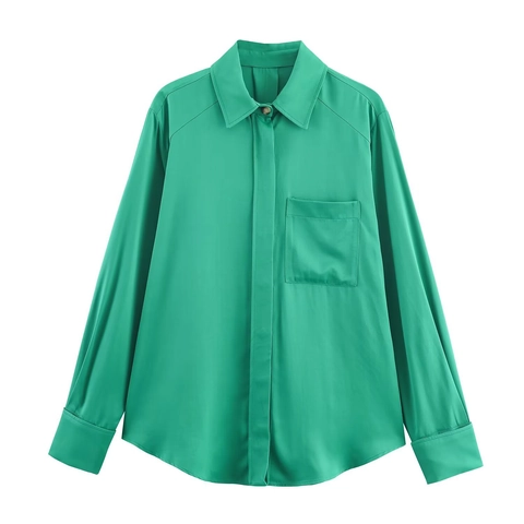 Women Long Sleeve Satin Blouse Shirt Lapel Collar Button Up With Pocket Solid Color Elegant Office Casual Top
