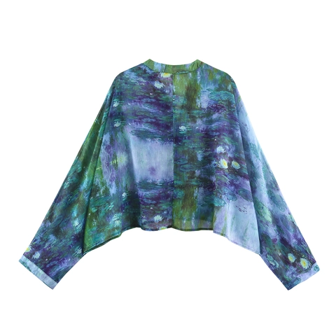 Damen V-Ausschnitt Fledermausärmel Chiffon Bluse Monet Seerosen Ölgemälde Druck Vintage Künstlerisches Crop Top