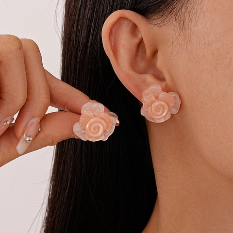 Resin Rose Flower Stud Earrings With Silver Earring Post Sweet Elegant Fresh French Style Jewelry For Women