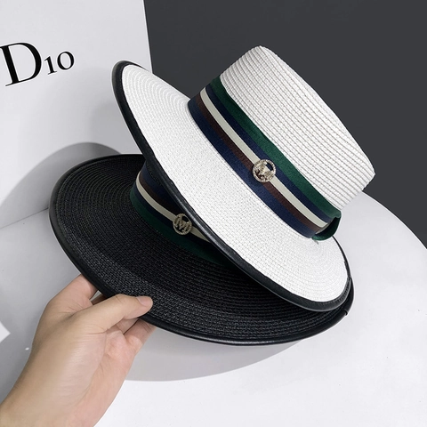 French Vintage Straw Boater Hat Women Flat Top Wide Brim Summer Beach Sun Protection Striped Ribbon Metal M Badge Decor