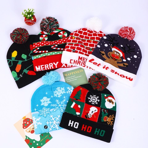 Cappello Di Natale A Maglia LED Acrilico Colorato Luminoso Beanie Con Pompon Per Decorazione Festa Adulti Bambini Babbo Natale Renna