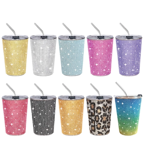 Bling Rhinestone Inlaid Stainless Steel Tumbler With Straw Portable Travel Water Cup Luxury Sparkly Straight Body Mug