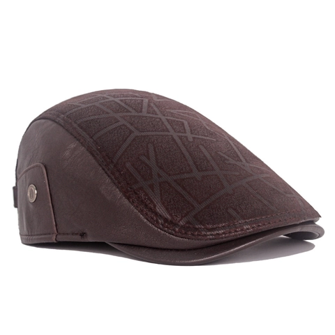 Men Newsboy Cap PU Leather Fabric Splicing Waterproof Warm Winter British Retro Vintage Flat Duckbill Hat