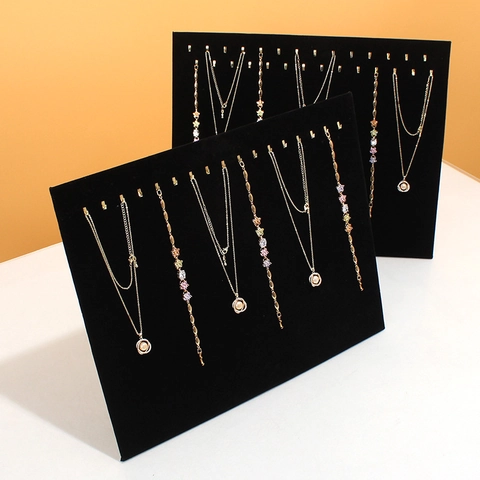 Black Velvet Necklace Display Board Jewelry Stand With Gold Metal Hooks Standing Countertop Organizer For Bracelets