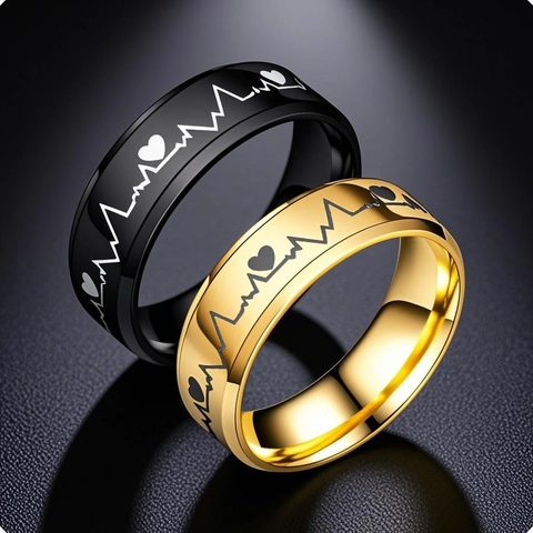 Heartbeat ECG Ring Stainless Steel Polished Heart Pattern Hip Hop Style Jewelry For Men And Women
