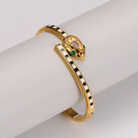 Fashion Snake Shape Bangle 304 Stainless Steel Gold Plated Bracelet For Women With Black White Enamel And Green Accents