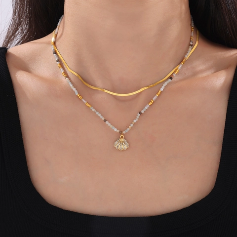 Shell Pendant Necklace Titanium Steel 18K Gold Plated Natural Stone Beaded Double Layer Bohemian Summer Jewelry Women
